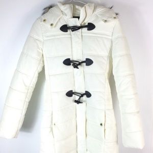 Express long puffer coat with faux fur on hood